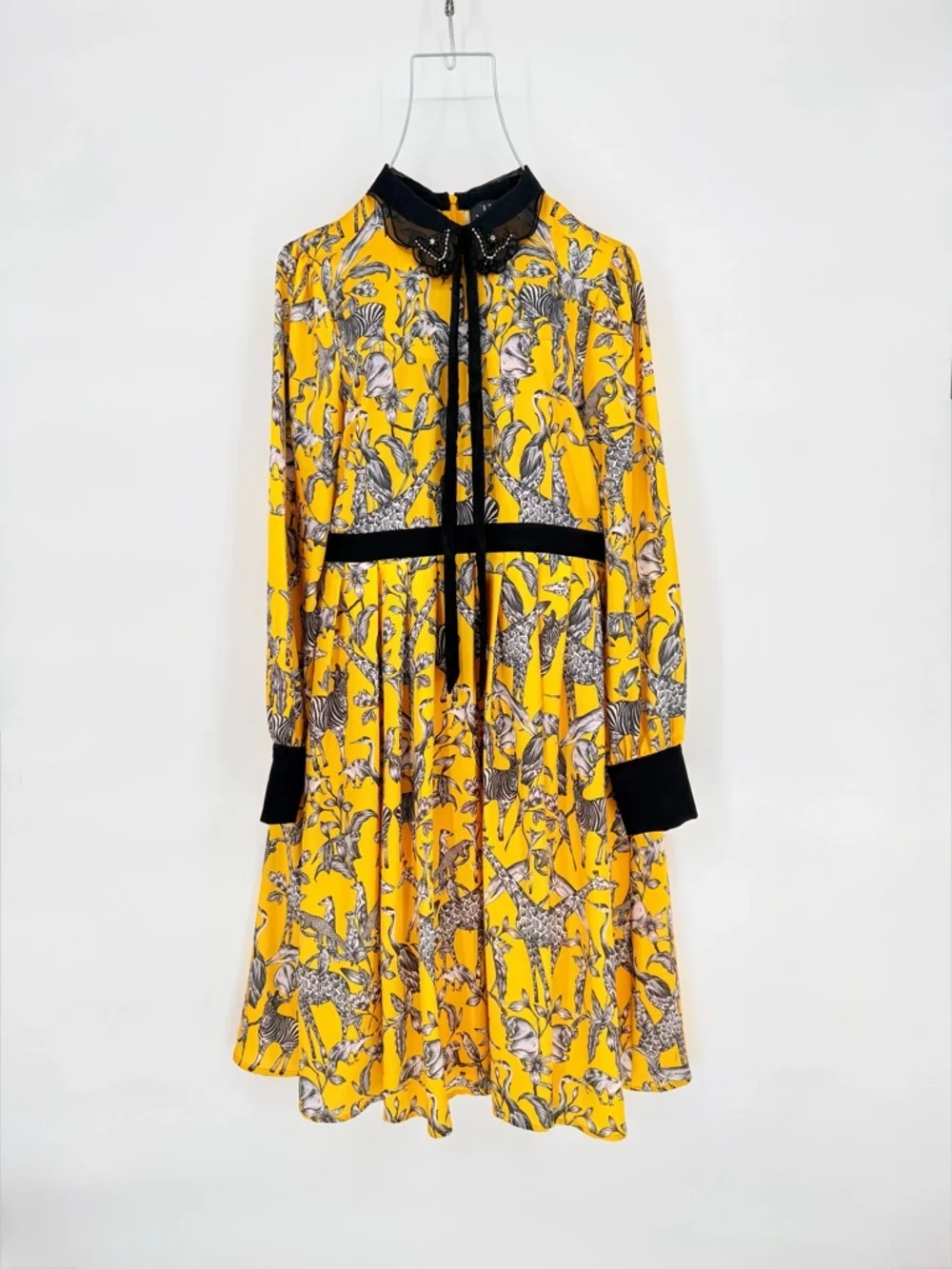 Retro Yellow Animal Safari Midi Dress Beaded Medium WhimsiGoth Academia THE MOON - Picture 6 of 16